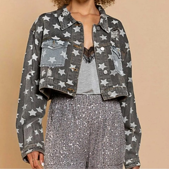POL Star-Patterned Gray Denim Distressed Cropped Jacket Size Small - Picture 1 of 5